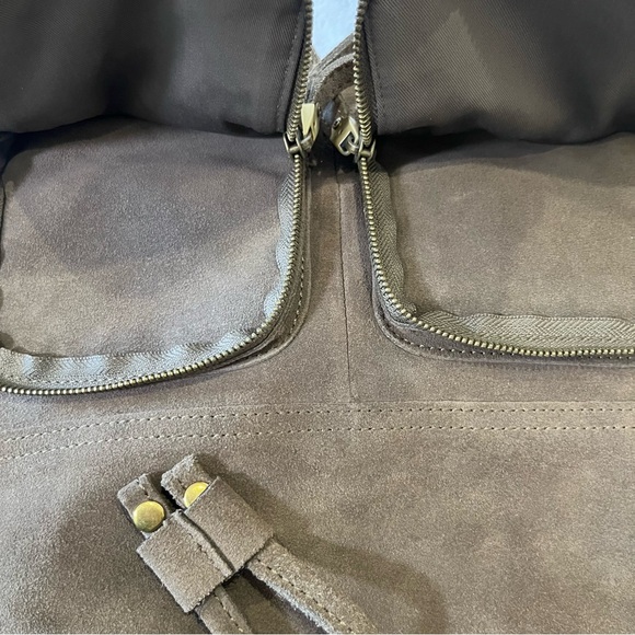 Crown Vintage Suede Drawstring Satchel Handbag. Brown with Gold Stud Accents - Picture 12 of 15